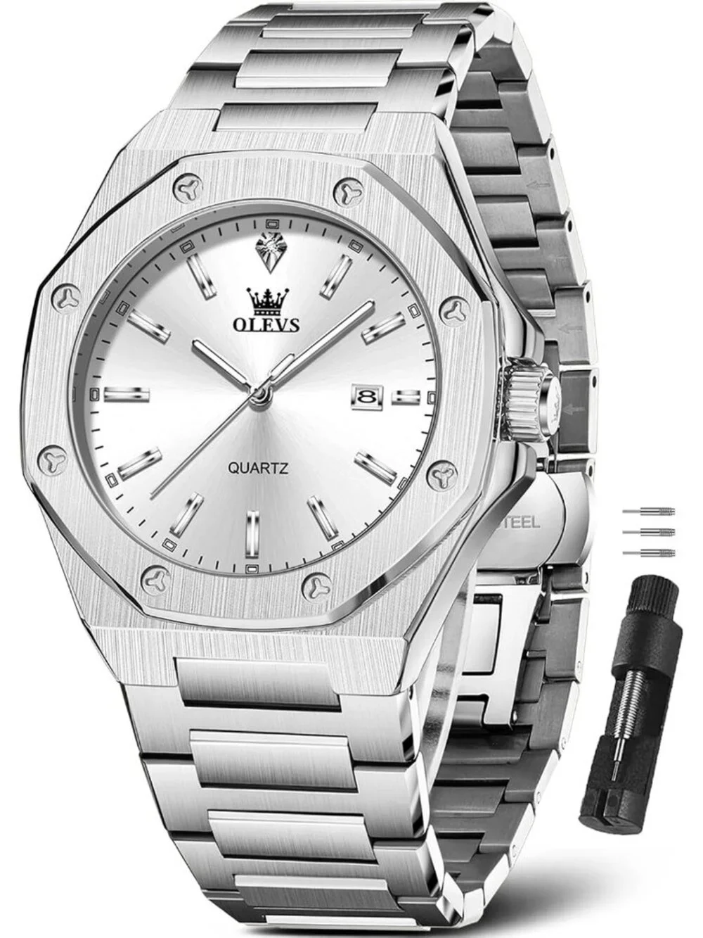 Men's Silver Fashion Luxury Octagon Stainless Steel Waterproof Dress Wrist Watch
